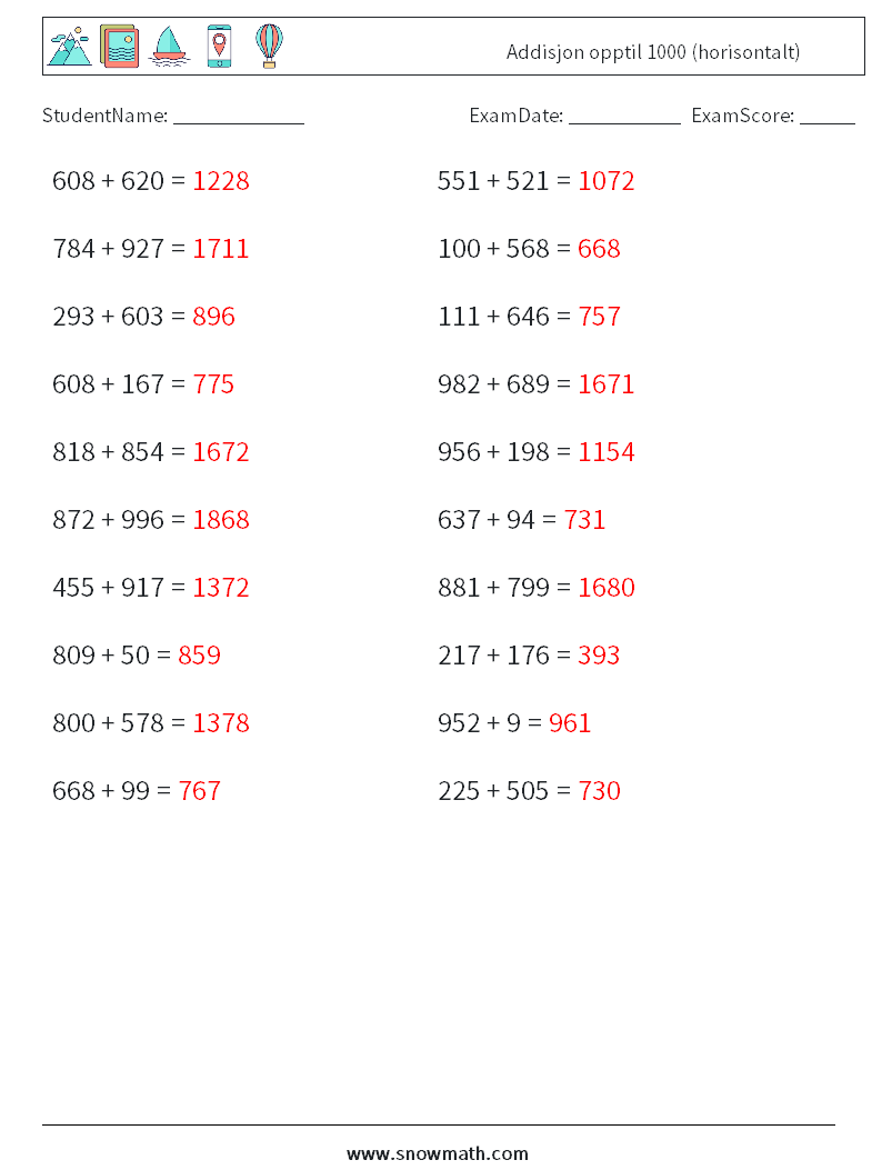 (20) Addisjon opptil 1000 (horisontalt) MathWorksheets 7 QuestionAnswer