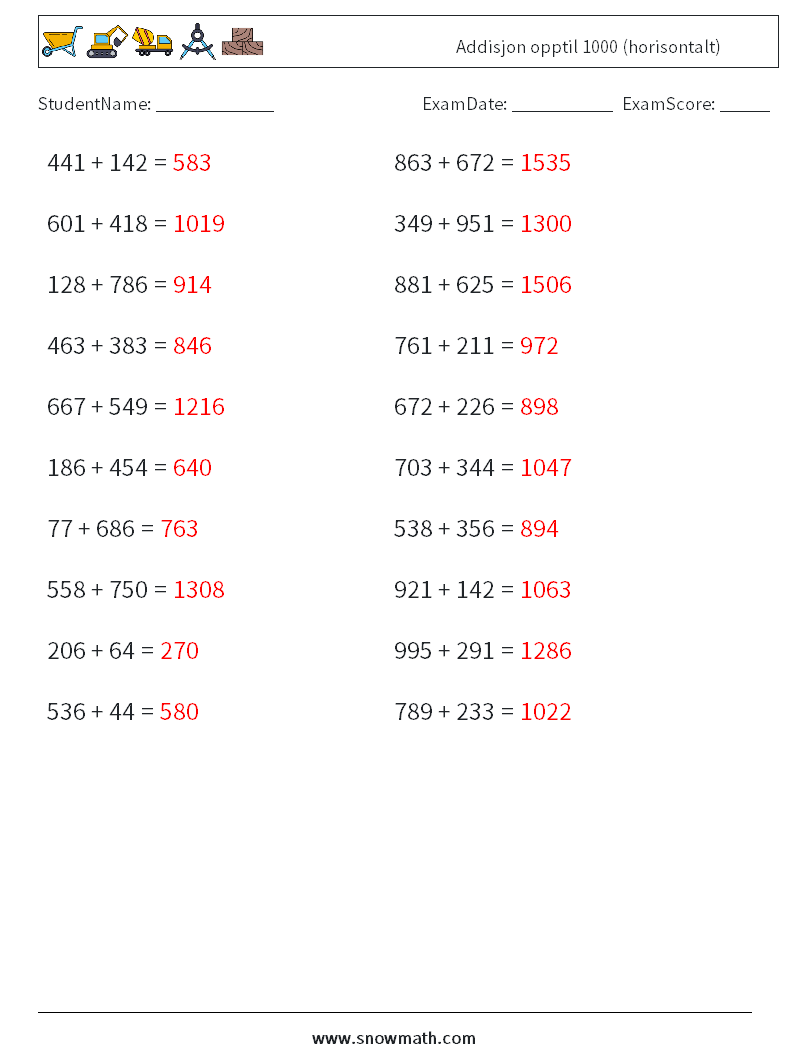 (20) Addisjon opptil 1000 (horisontalt) MathWorksheets 8 QuestionAnswer