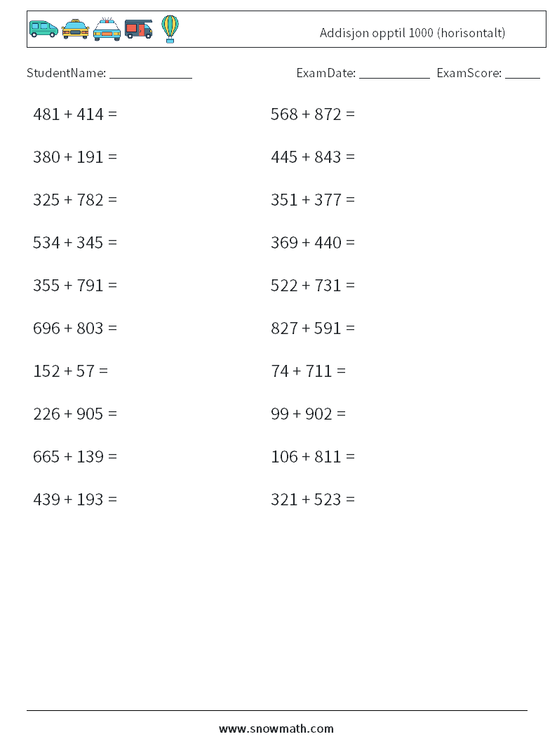 (20) Addisjon opptil 1000 (horisontalt) MathWorksheets 9