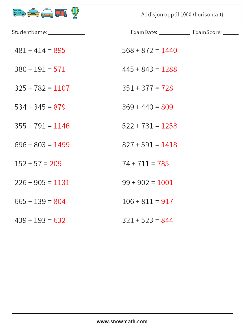 (20) Addisjon opptil 1000 (horisontalt) MathWorksheets 9 QuestionAnswer