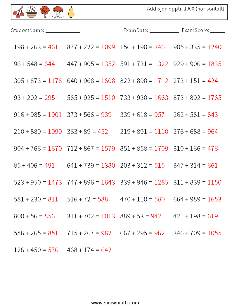 (50) Addisjon opptil 1000 (horisontalt) MathWorksheets 2 QuestionAnswer