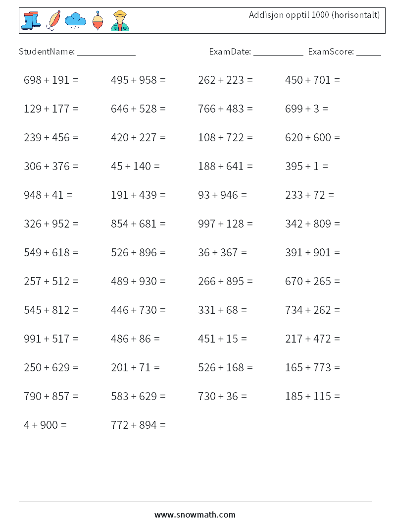 (50) Addisjon opptil 1000 (horisontalt) MathWorksheets 3