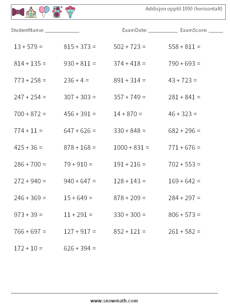 (50) Addisjon opptil 1000 (horisontalt) MathWorksheets 4