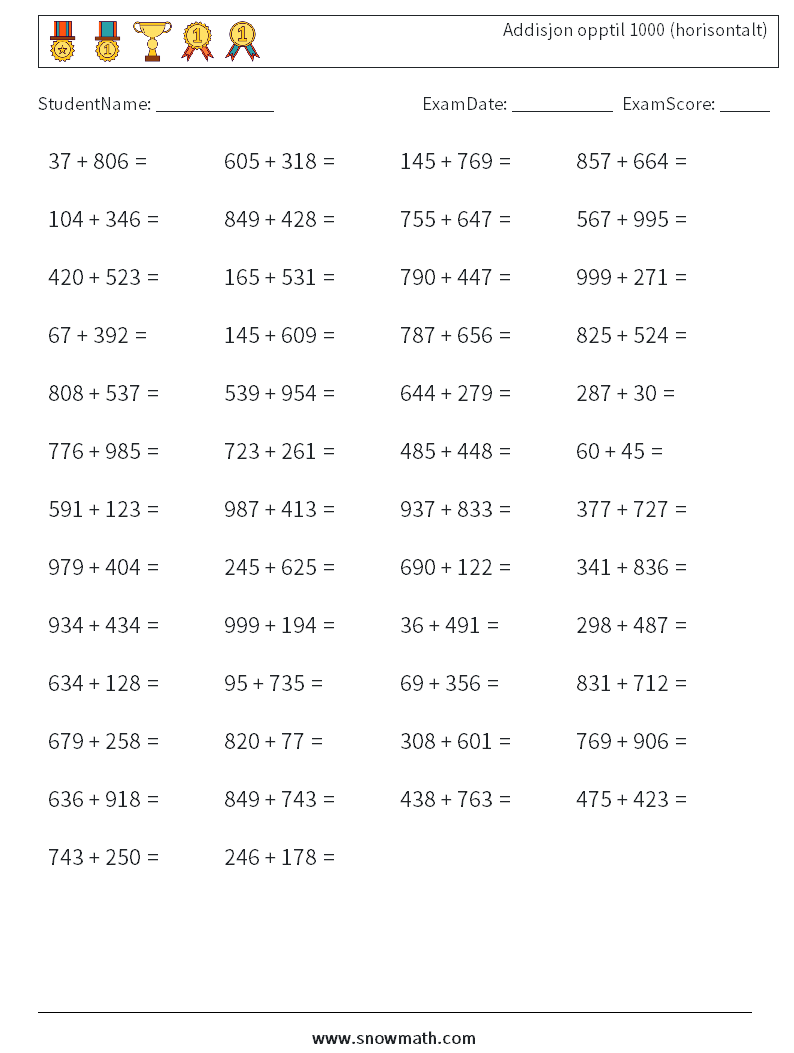 (50) Addisjon opptil 1000 (horisontalt) MathWorksheets 6