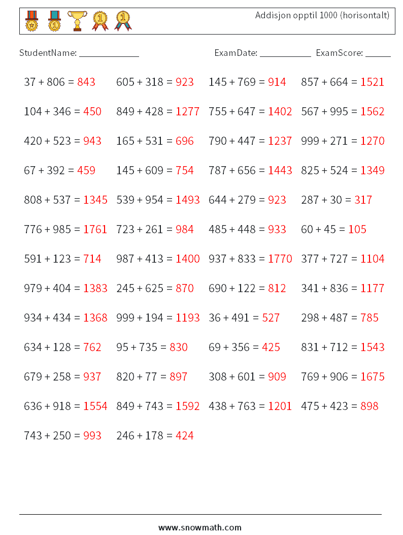 (50) Addisjon opptil 1000 (horisontalt) MathWorksheets 6 QuestionAnswer