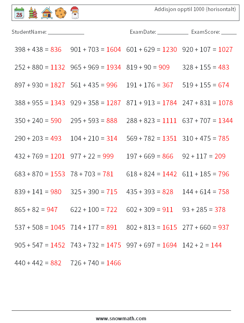 (50) Addisjon opptil 1000 (horisontalt) MathWorksheets 7 QuestionAnswer