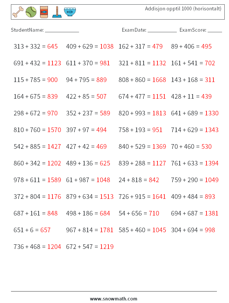 (50) Addisjon opptil 1000 (horisontalt) MathWorksheets 8 QuestionAnswer