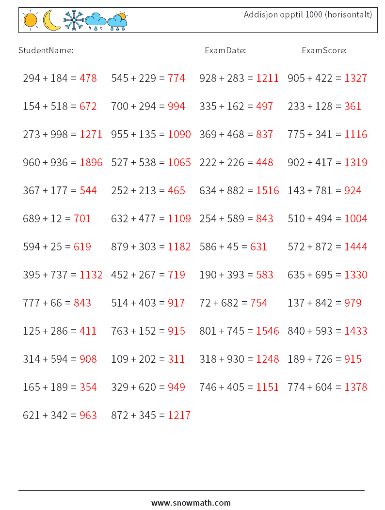 (50) Addisjon opptil 1000 (horisontalt) MathWorksheets 9 QuestionAnswer