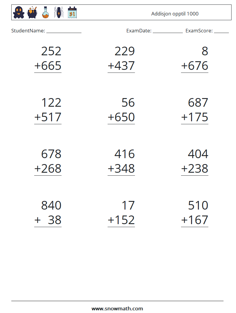 (12) Addisjon opptil 1000 MathWorksheets 1