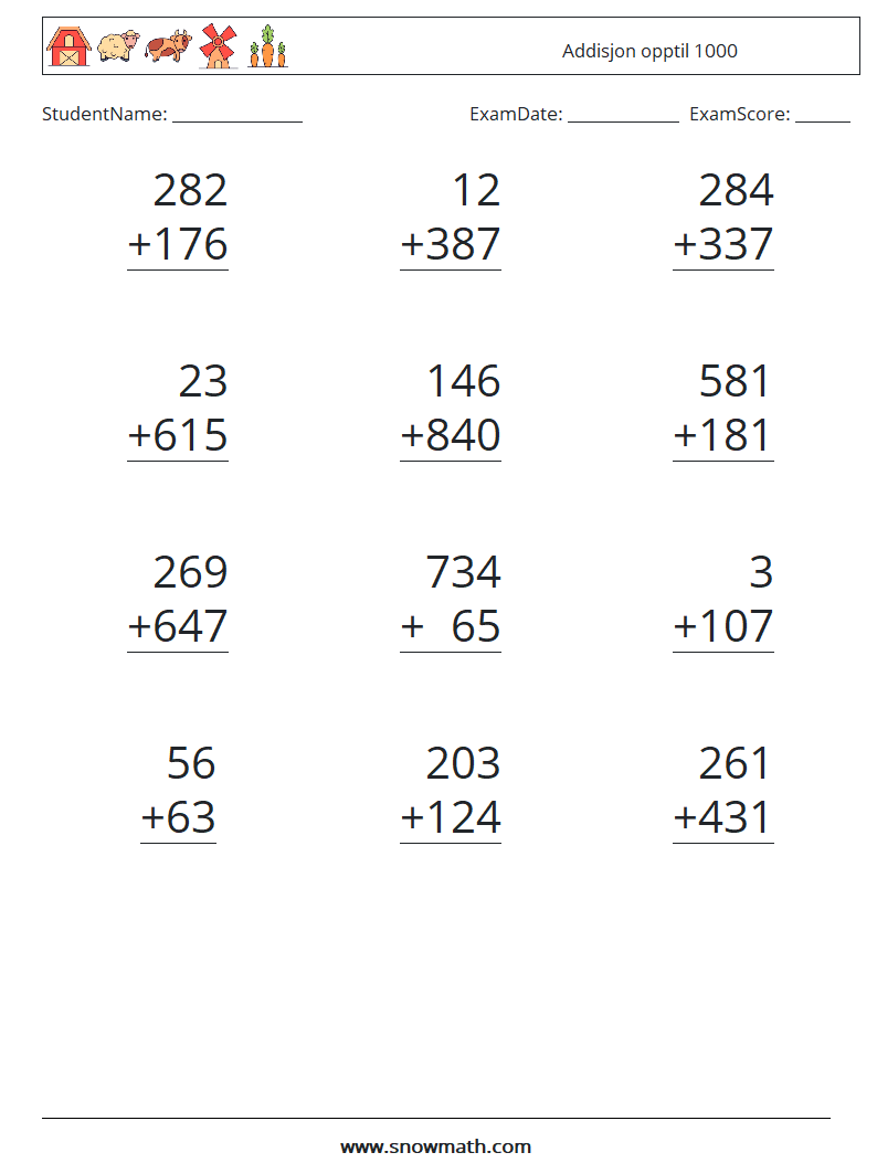 (12) Addisjon opptil 1000 MathWorksheets 10