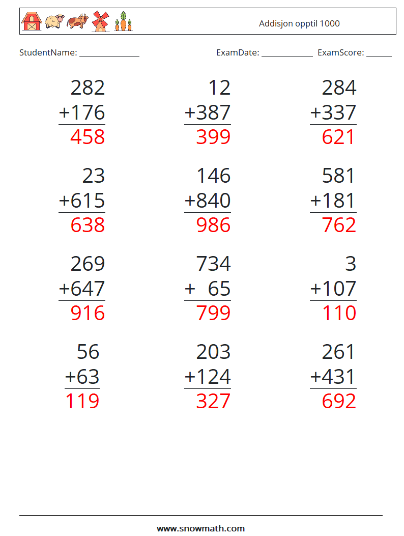 (12) Addisjon opptil 1000 MathWorksheets 10 QuestionAnswer