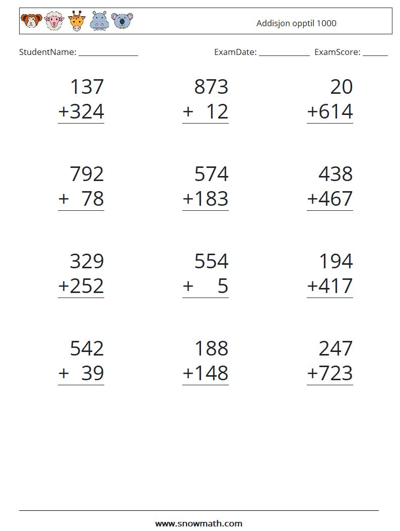 (12) Addisjon opptil 1000 MathWorksheets 11