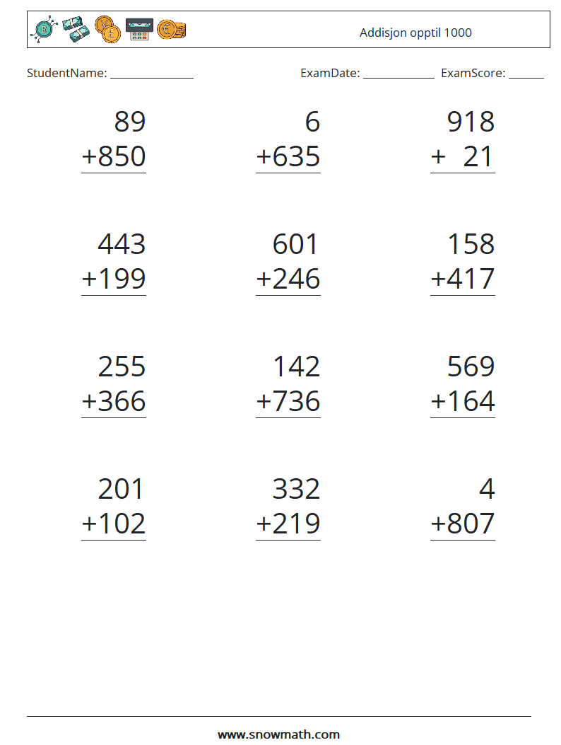 (12) Addisjon opptil 1000 MathWorksheets 12