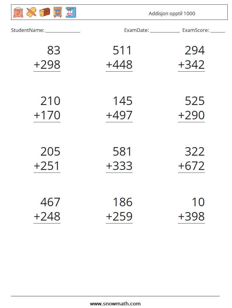 (12) Addisjon opptil 1000 MathWorksheets 13