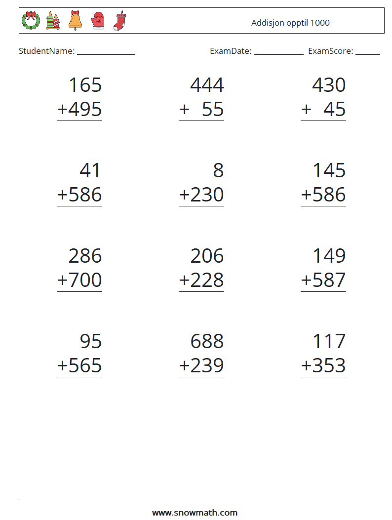 (12) Addisjon opptil 1000 MathWorksheets 14