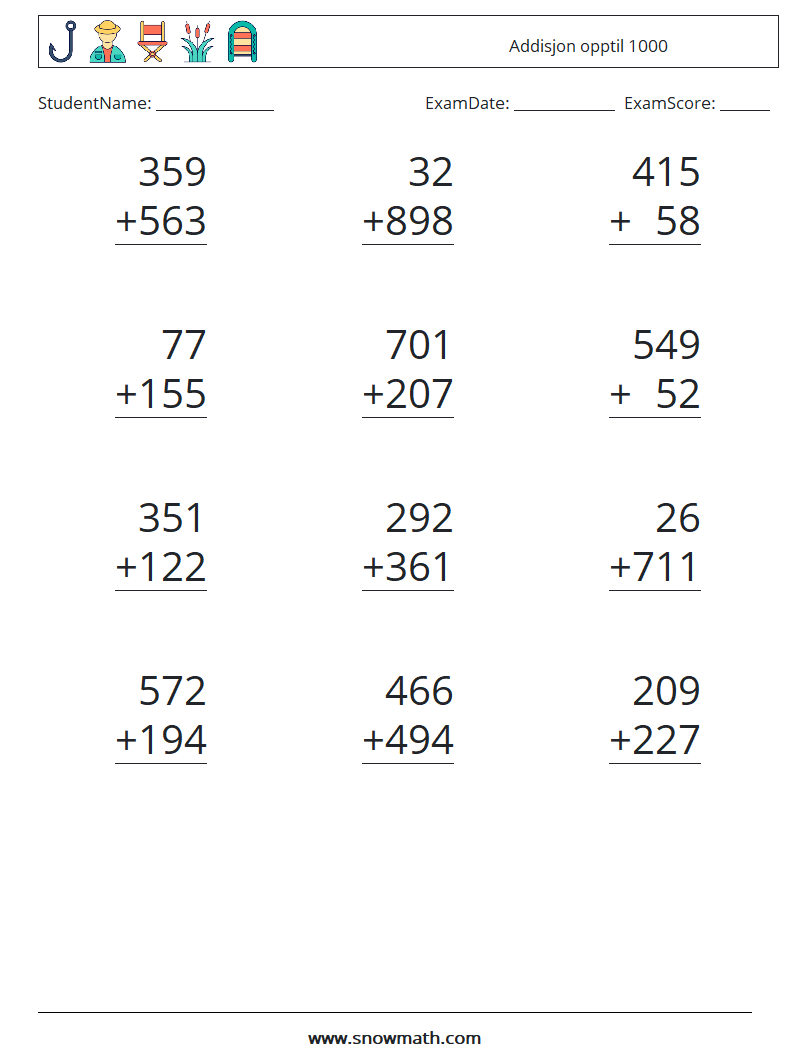 (12) Addisjon opptil 1000 MathWorksheets 15