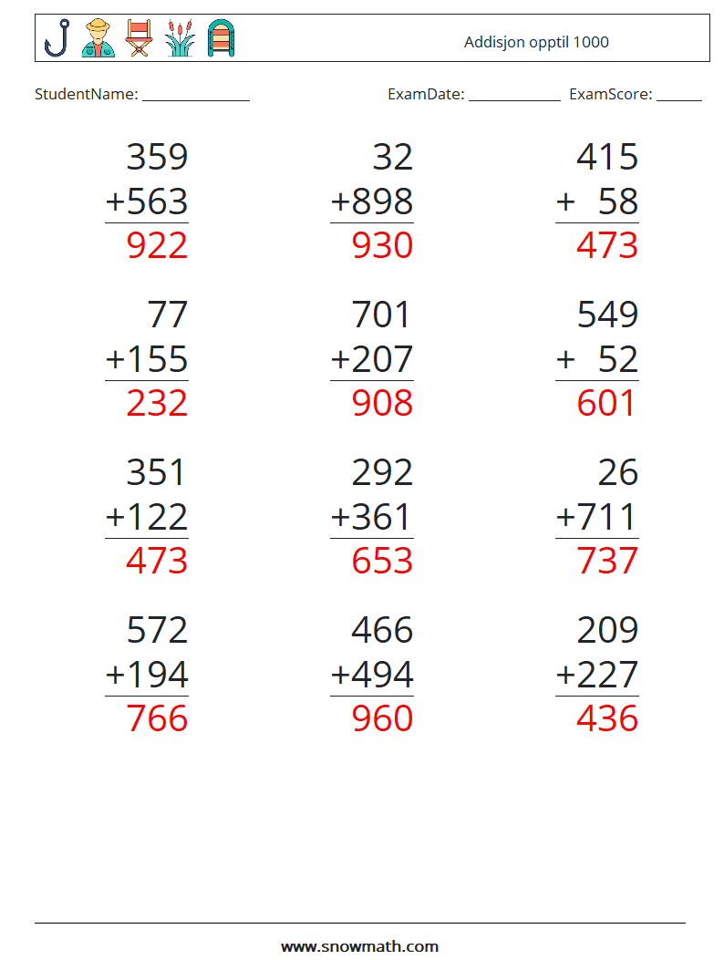 (12) Addisjon opptil 1000 MathWorksheets 15 QuestionAnswer