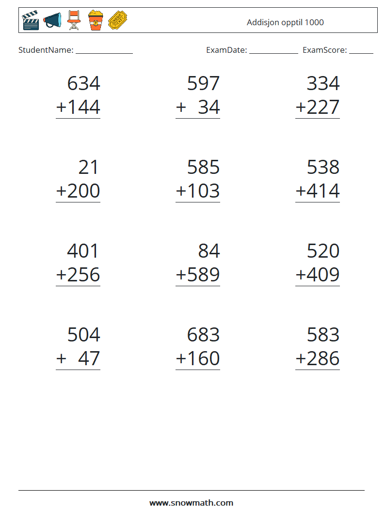 (12) Addisjon opptil 1000 MathWorksheets 16