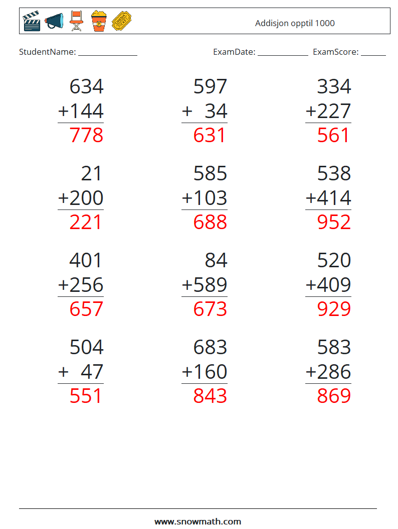 (12) Addisjon opptil 1000 MathWorksheets 16 QuestionAnswer