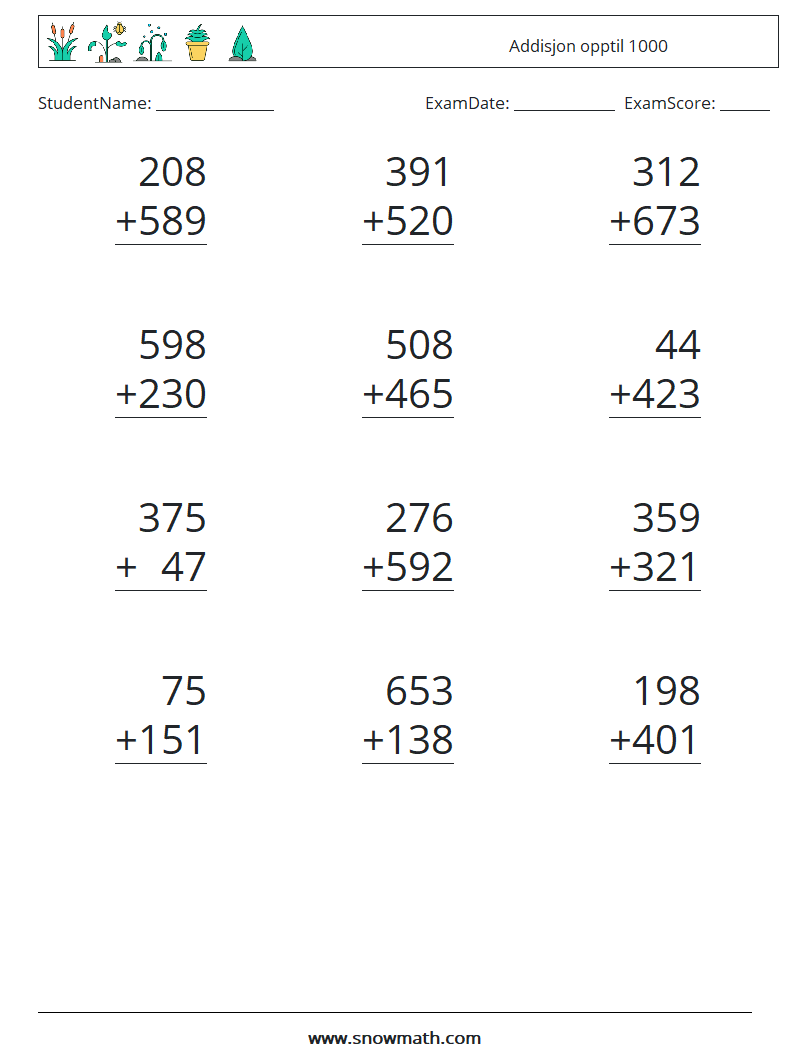 (12) Addisjon opptil 1000 MathWorksheets 17