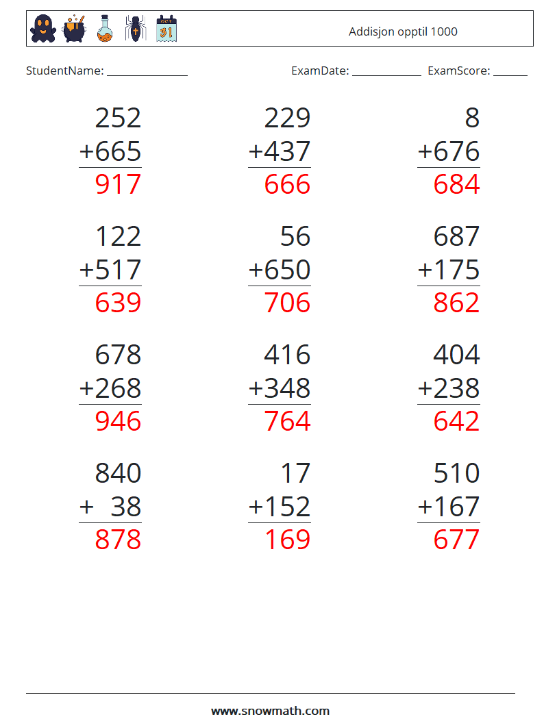 (12) Addisjon opptil 1000 MathWorksheets 1 QuestionAnswer