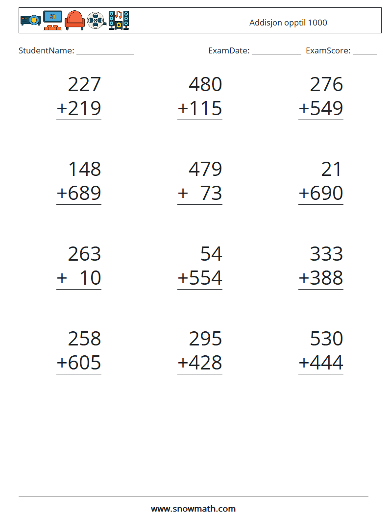 (12) Addisjon opptil 1000 MathWorksheets 2