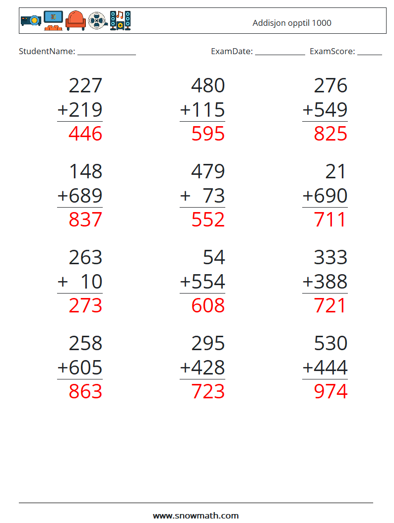 (12) Addisjon opptil 1000 MathWorksheets 2 QuestionAnswer