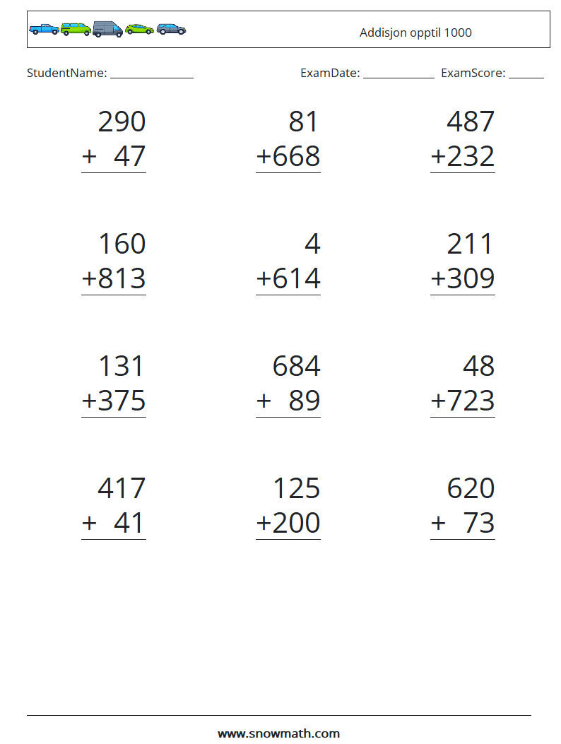 (12) Addisjon opptil 1000 MathWorksheets 3