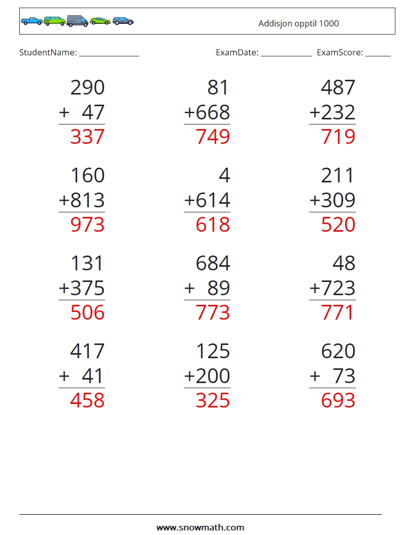 (12) Addisjon opptil 1000 MathWorksheets 3 QuestionAnswer