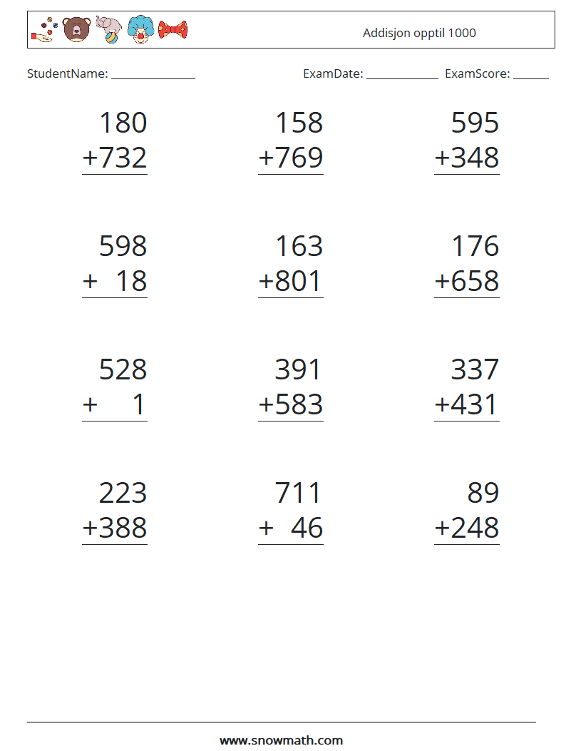 (12) Addisjon opptil 1000 MathWorksheets 4