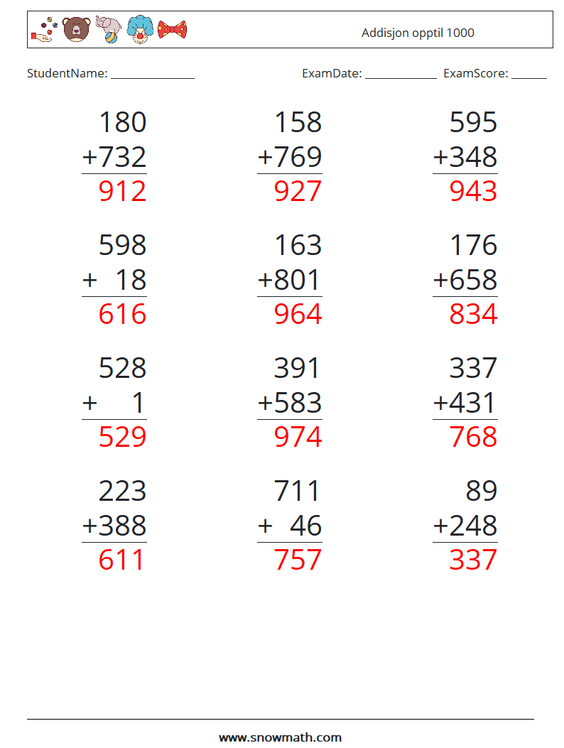 (12) Addisjon opptil 1000 MathWorksheets 4 QuestionAnswer