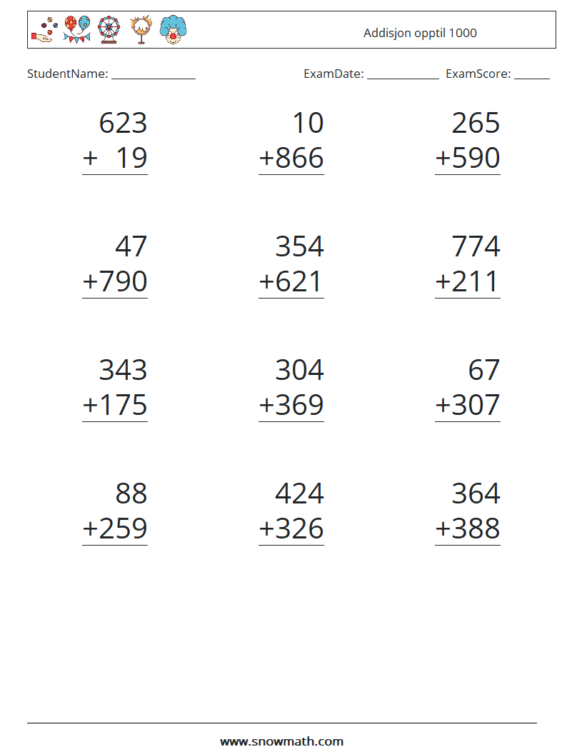 (12) Addisjon opptil 1000 MathWorksheets 5