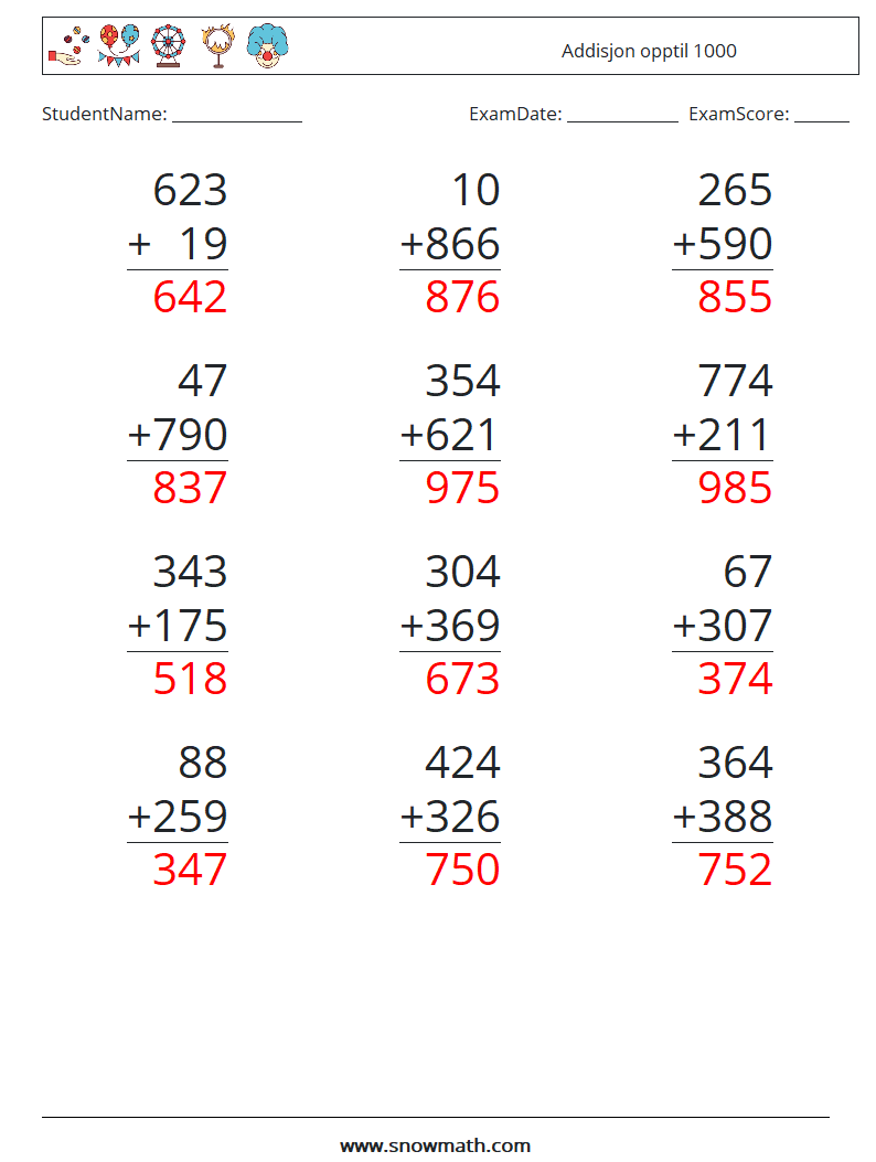 (12) Addisjon opptil 1000 MathWorksheets 5 QuestionAnswer