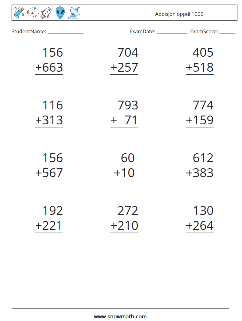 (12) Addisjon opptil 1000 MathWorksheets 6