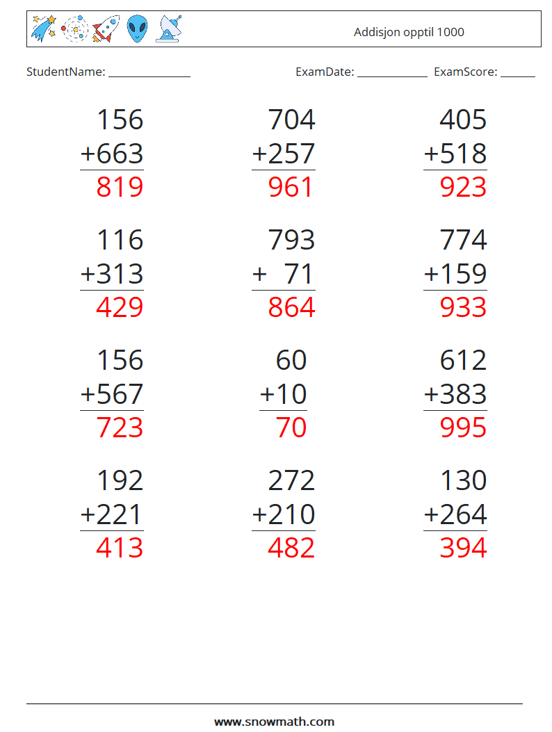 (12) Addisjon opptil 1000 MathWorksheets 6 QuestionAnswer