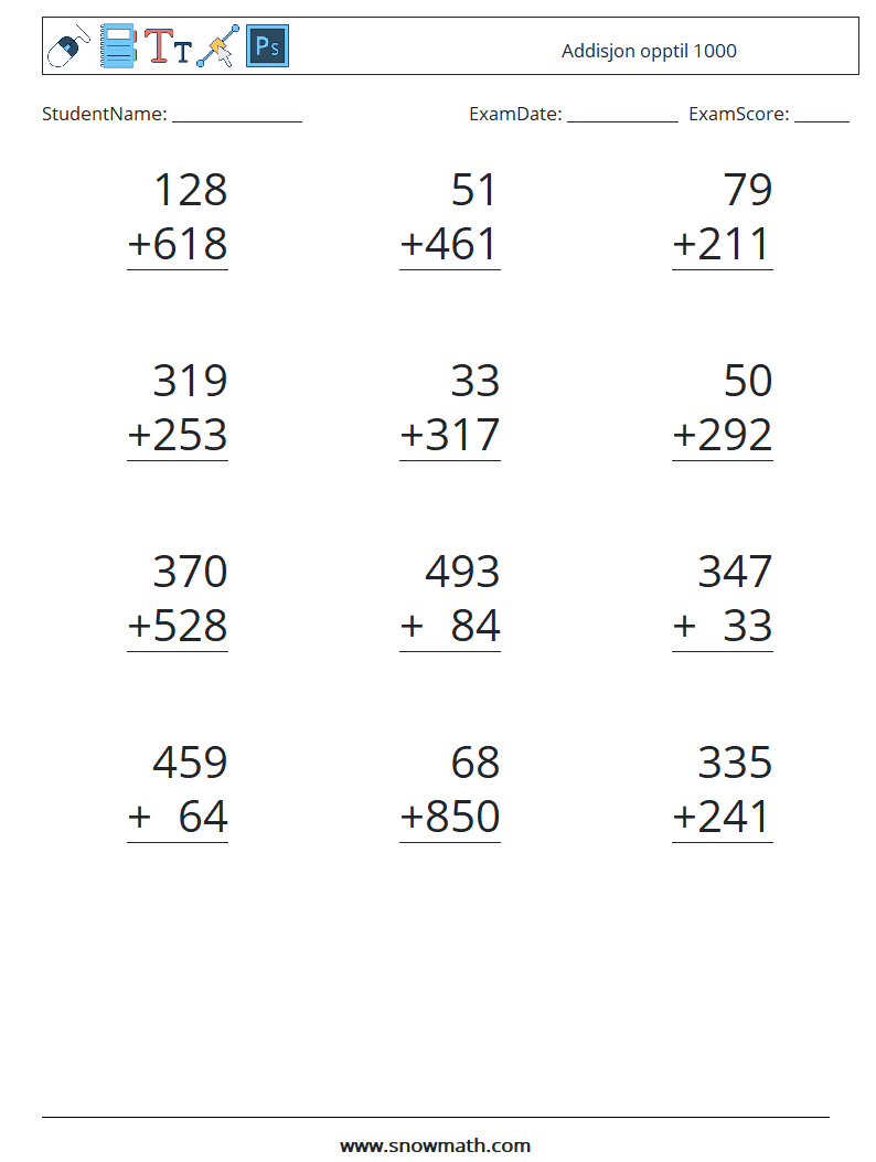 (12) Addisjon opptil 1000 MathWorksheets 7