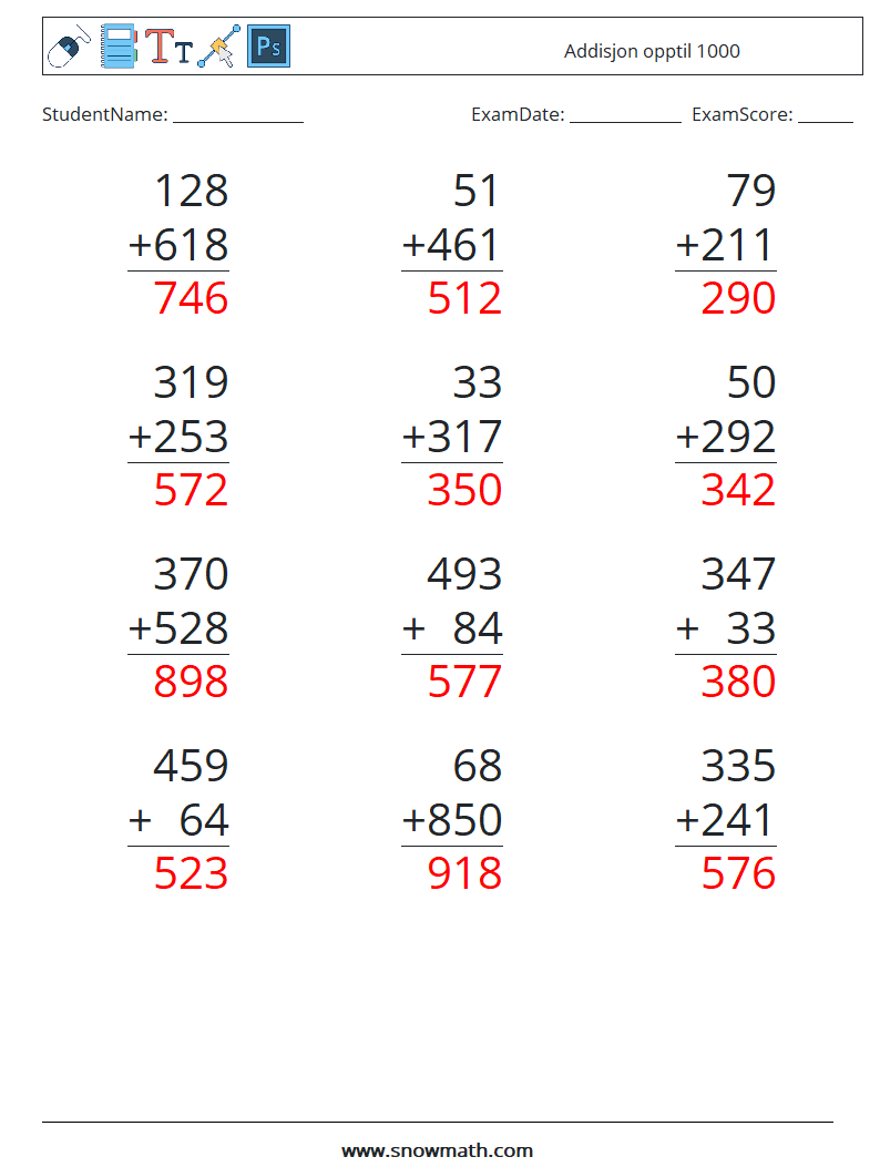 (12) Addisjon opptil 1000 MathWorksheets 7 QuestionAnswer