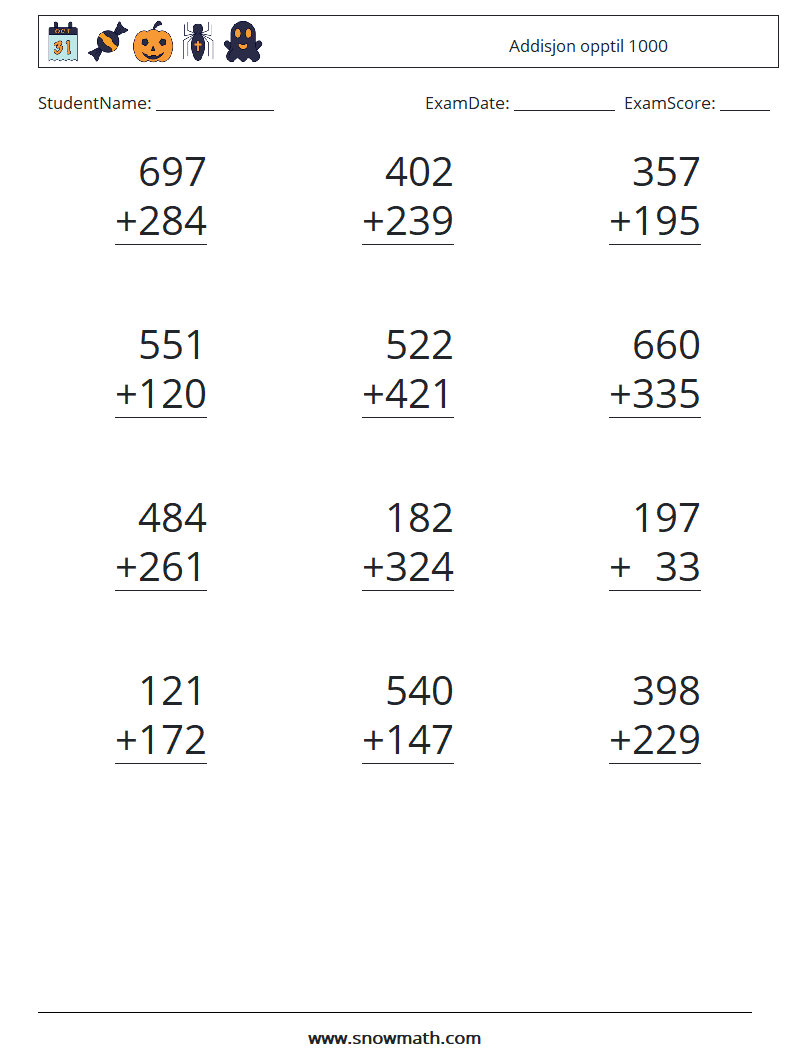 (12) Addisjon opptil 1000 MathWorksheets 8