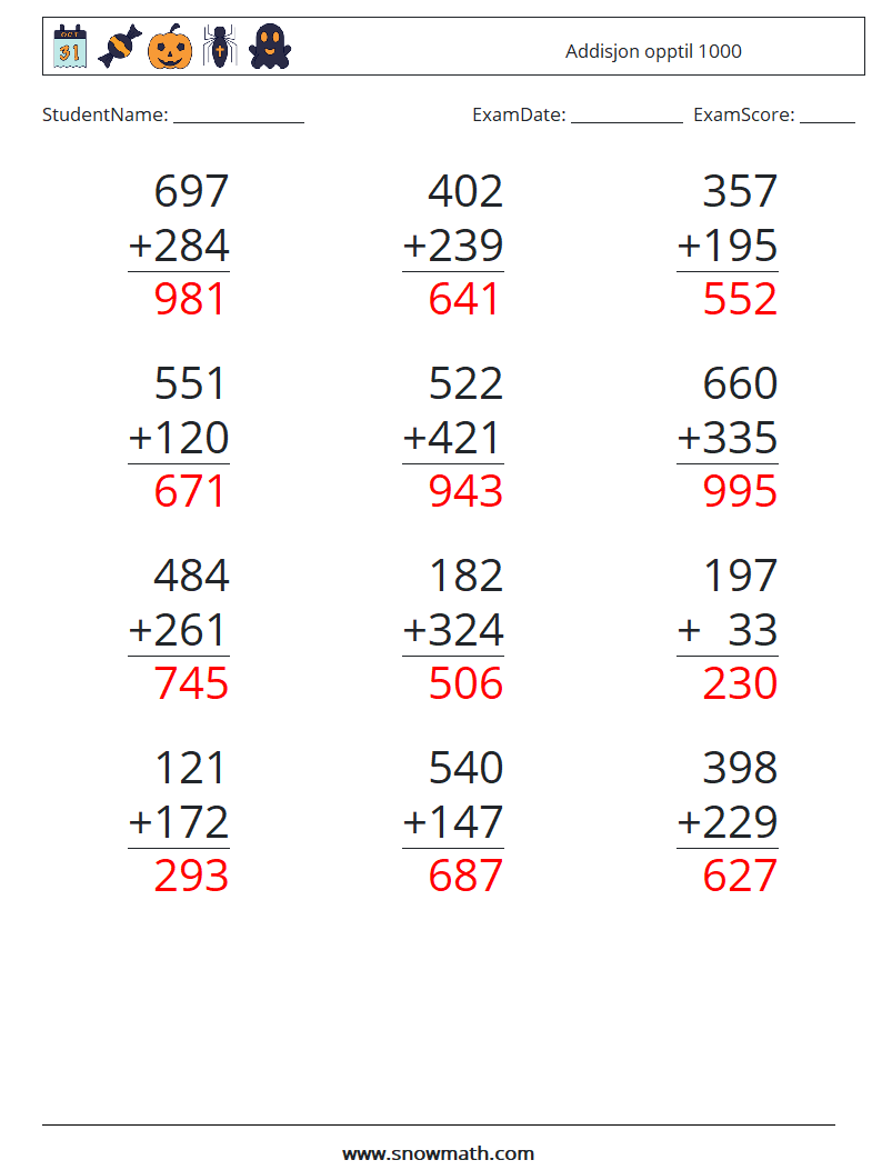 (12) Addisjon opptil 1000 MathWorksheets 8 QuestionAnswer