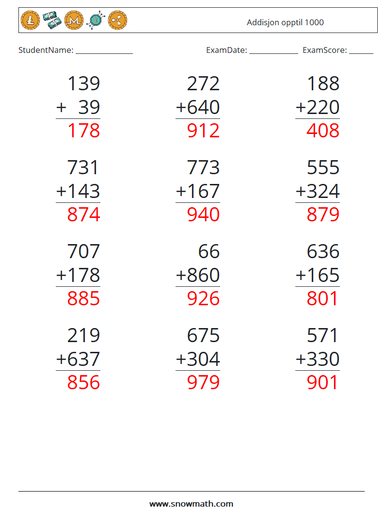 (12) Addisjon opptil 1000 MathWorksheets 9 QuestionAnswer