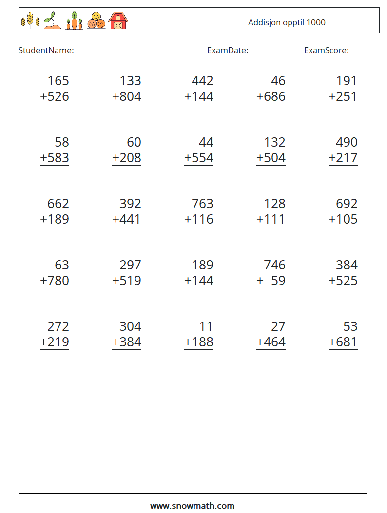 (25) Addisjon opptil 1000 MathWorksheets 1