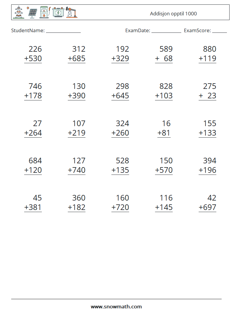 (25) Addisjon opptil 1000 MathWorksheets 10