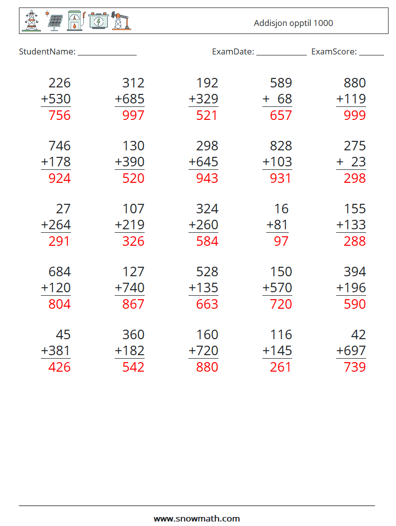 (25) Addisjon opptil 1000 MathWorksheets 10 QuestionAnswer