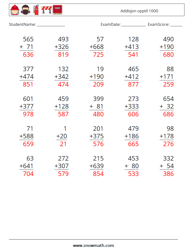 (25) Addisjon opptil 1000 MathWorksheets 11 QuestionAnswer