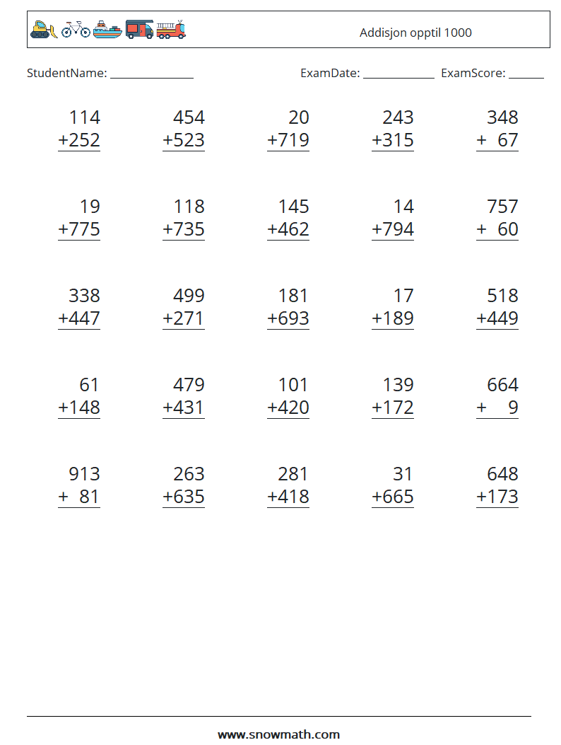 (25) Addisjon opptil 1000 MathWorksheets 12