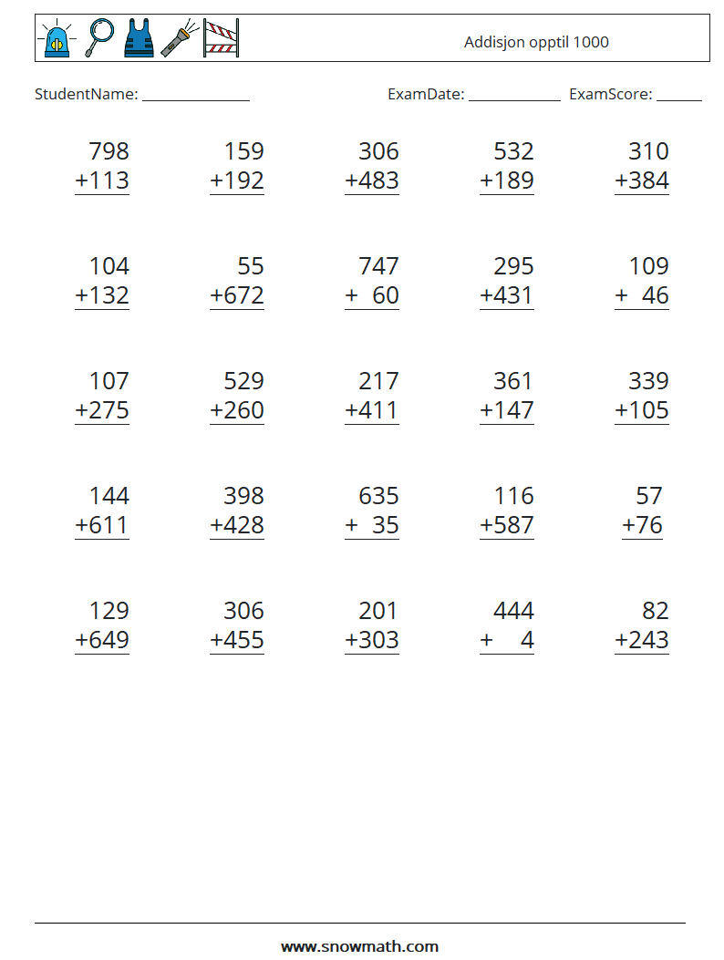 (25) Addisjon opptil 1000 MathWorksheets 13