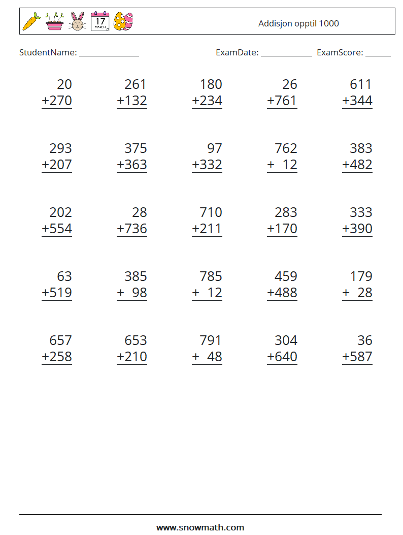 (25) Addisjon opptil 1000 MathWorksheets 14