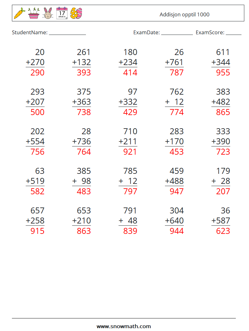 (25) Addisjon opptil 1000 MathWorksheets 14 QuestionAnswer