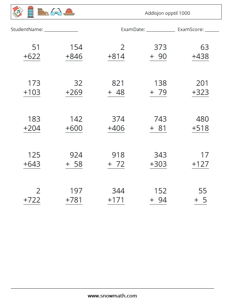 (25) Addisjon opptil 1000 MathWorksheets 15