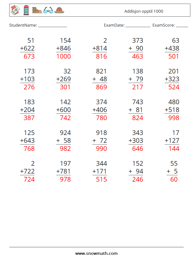 (25) Addisjon opptil 1000 MathWorksheets 15 QuestionAnswer